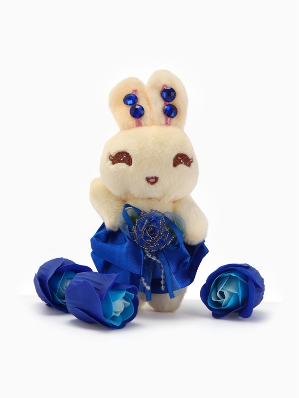 Набор мыльных роз в коробке 8 штук, бирюзово-белые с зайчиком