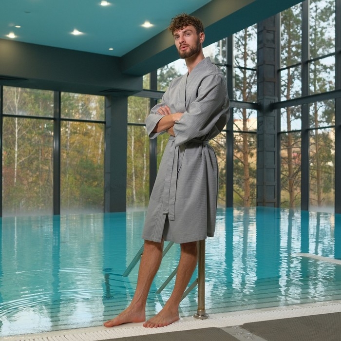 Халат вафельный мужской Экономь и Я рукав 3/4, размер 54-56, серый, 100% хлопок, 200г/м2 Халат вафельный мужской Экономь и Я рукав 3/4, размер 54-56, серый, 100% хлопок, 200г/м2