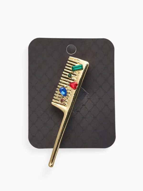 Брошь "Расческа" со стразами, цветной в золоте