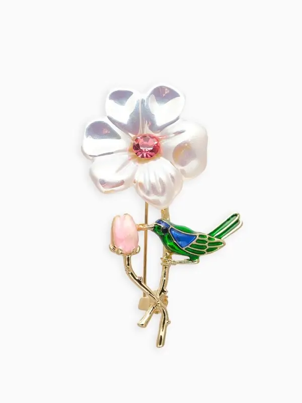 Брошь "Цветок" с птичкой, цветная в золоте