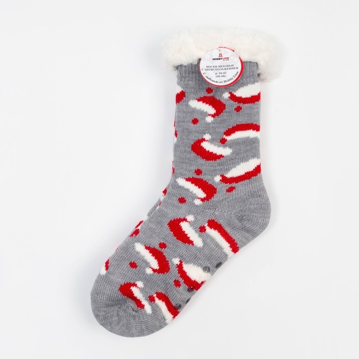 Носки женские с мехом внутри &laquo;Новогодние колпачки&raquo;, цвет серый, размер 23-25 (36-40)