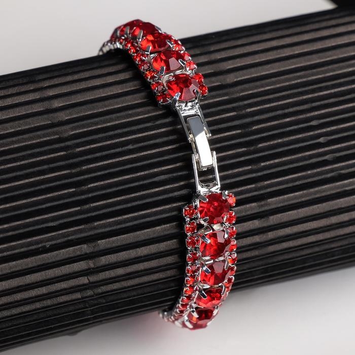 Браслет со стразами &laquo;Северное сияние&raquo; змейка, цвет красный в серебре, 18 см