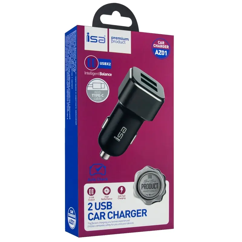 АЗУ AZ01 USB на Type-C + 2 USB 2.4A ISA черное