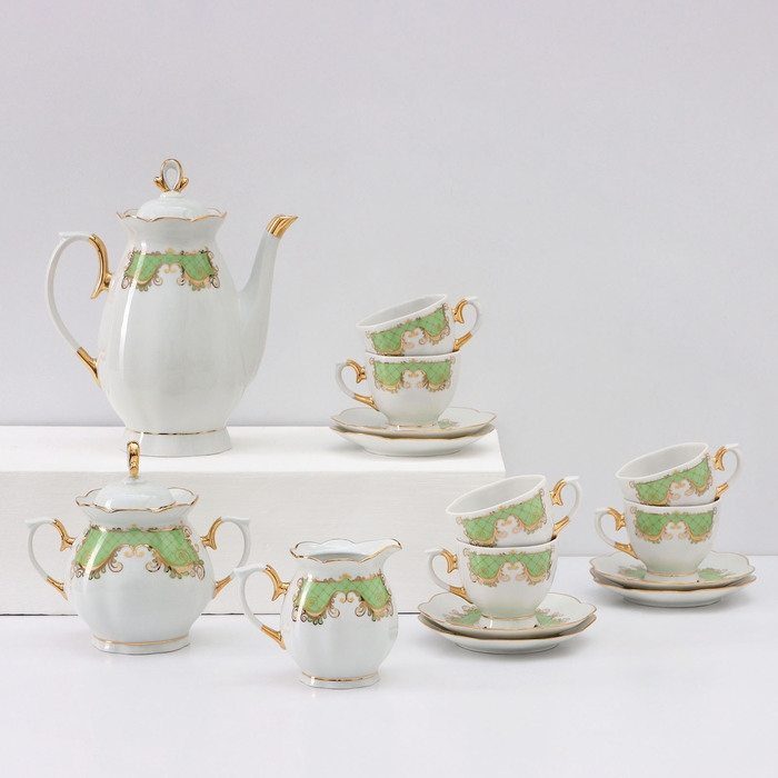 Сервиз кофейный фарфоровый &laquo;Симфония&raquo;, 15 предметов: кофейник 800 мл, сахарница 400 мл, сливочник 180 мл, чашка кофейная 110 мл, блюдце d=12 см