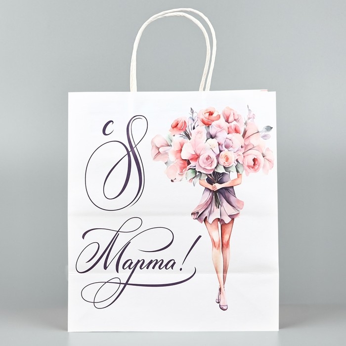 Пакет подарочный крафт &laquo;8 марта&raquo;, цветы, 22 х 25 х 12 см