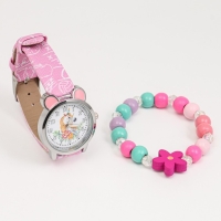 Детский подарочный набор для девочек "Единорожка" 2 в 1: наручные часы, браслет, d-2.5 см
