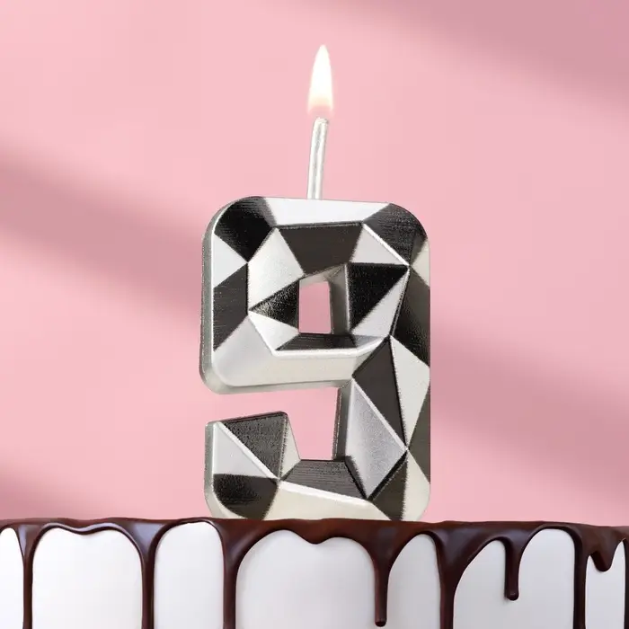 Свеча для торта &laquo;Алмаз&raquo;, цифра 9, серебристый металлик
