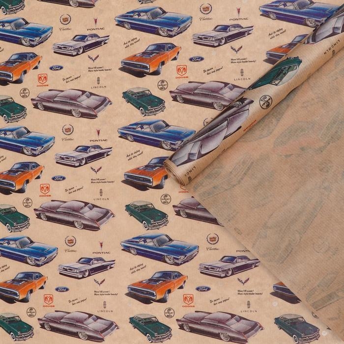 Бумага упаковочная крафт "Автомобили ретро", 0,72 х 10 м, 40 г/м&sup2;