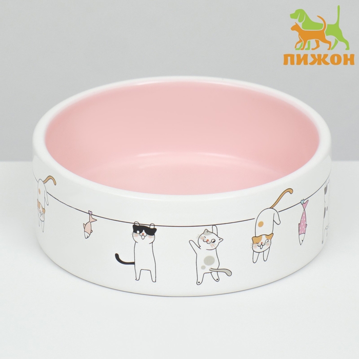 Миска керамическая "Весёлые котики"  300 мл  12,5 x 4,5 cм, бежево-белая