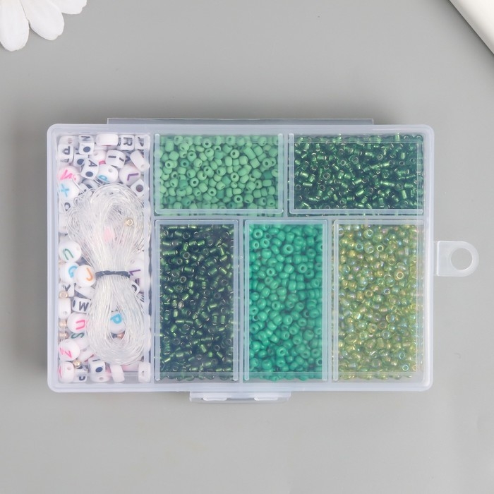 Бисер стекло 8/0 в шкатулке Бисер стекло 8/0 в шкатулке "Зелёный" бусины + нить 0,8 мм 5 м 12х8,4х2,2 см