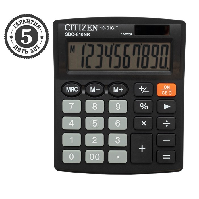 Калькулятор настольный Citizen "SDC-810NR", 10-разрядный, 102 х 124 х 25 мм, двойное питание, чёрный