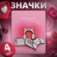 Набор значков (4 шт.) &laquo;Кото-гаджеты&raquo;, цвет бело-розовый в чёрном металле