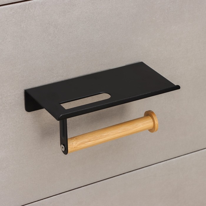 Держатель для туалетной бумаги с полочкой BAMBOO, 18&times;9,7&times;7,5 см, цвет чёрный