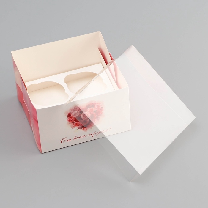 Коробка для 4 капкейка с прозрачной крышкой, "Сердечки", 16 &times; 16 &times; 10 см, кондитерская упаковка