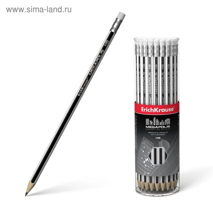 Карандаш чернографитный с ластиком Erich Krause "Megapolis", HB, грифель d=2.2 мм, дерево, шестигранный в тубусе, чёрный корпус