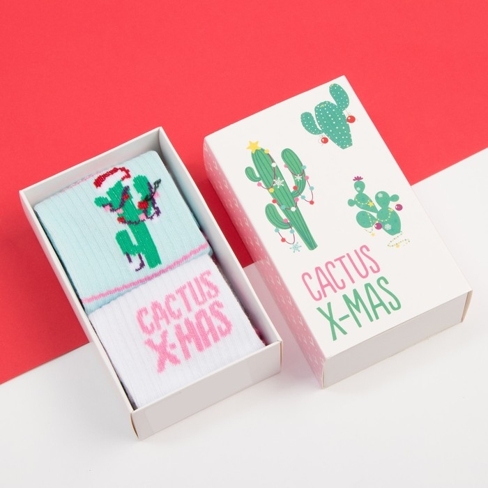 Набор новогодних женских носков "Кактусы" размер 36-40 (23-25 см), 2 пары