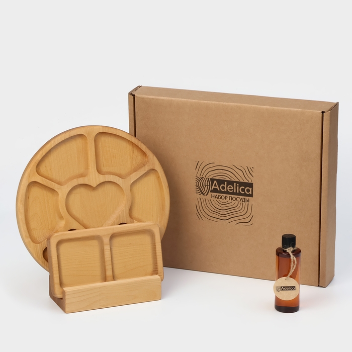 Подарочный набор деревянной посуды Adelica, менажница 6 секций, менажница 2 секции, подставка для посуды, масло в подарок, берёза Подарочный набор деревянной посуды Adelica, менажница 6 секций, менажница 2 секции, подставка для посуды, масло в подарок, берёза