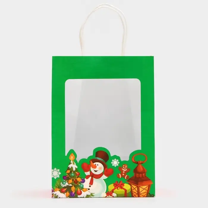 Пакет подарочный бумажный с окном &laquo;Снеговик&raquo; 19&times;26&times;13 см, крафт зеленый