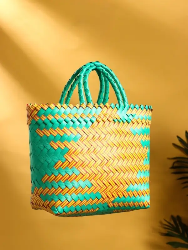 Сумка плетёная пластиковая 20х10х30 см, цв. бирюзовый-жёлтый