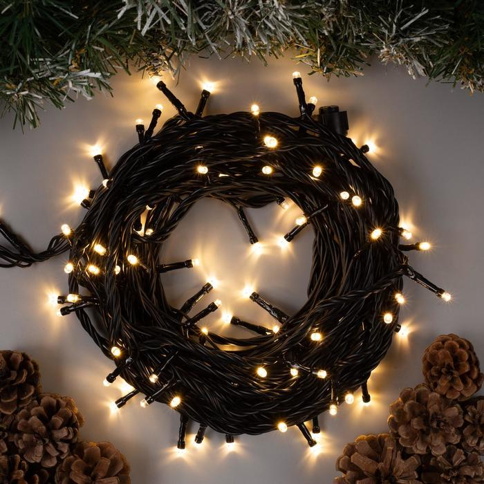 Гирлянда &laquo;Нить&raquo; 10 м, IP44, УМС, тёмная нить, 100 LED, свечение тёплое белое, 220 В
