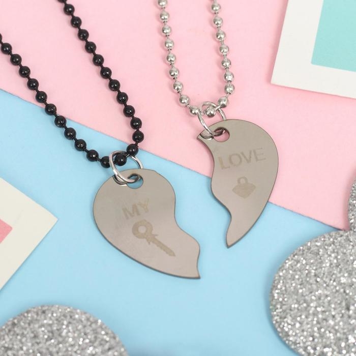 Кулоны &laquo;Неразлучники&raquo; стальные, love, цвет чёрно-серебряный, 45 см