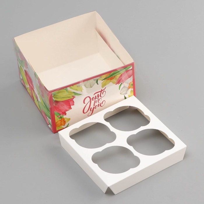 Коробка для 4 капкейка с прозрачной крышкой, "Тюльпаны", 16 &times; 16 &times; 10 см, кондитерская упаковка