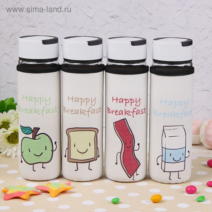 Бутылка для воды стеклянная с ручкой в чехле «Завтрак», 500 мл, h=23,5 см, рисунок МИКС Бутылка для воды стеклянная с ручкой в чехле «Завтрак», 500 мл, h=23,5 см, рисунок МИКС