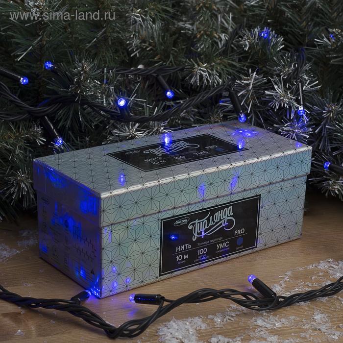 Гирлянда &laquo;Нить&raquo; 10 м, IP65, УМС, тёмная нить, 100 LED, свечение синее, 220 В