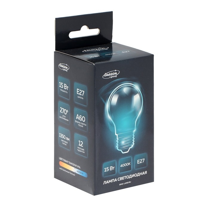 Лампа cветодиодная Luazon Lighting, A60, 15 Вт, E27, 1350 Лм, 4000 К, дневной свет Лампа cветодиодная Luazon Lighting, A60, 15 Вт, E27, 1350 Лм, 4000 К, дневной свет