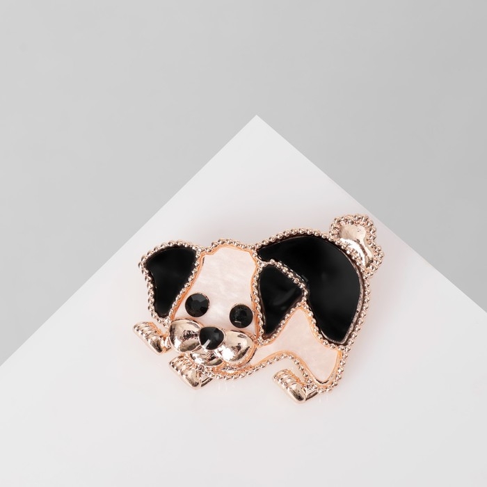 Брошь &laquo;Щенок&raquo;, цвет чёрно-белый в розовом золоте