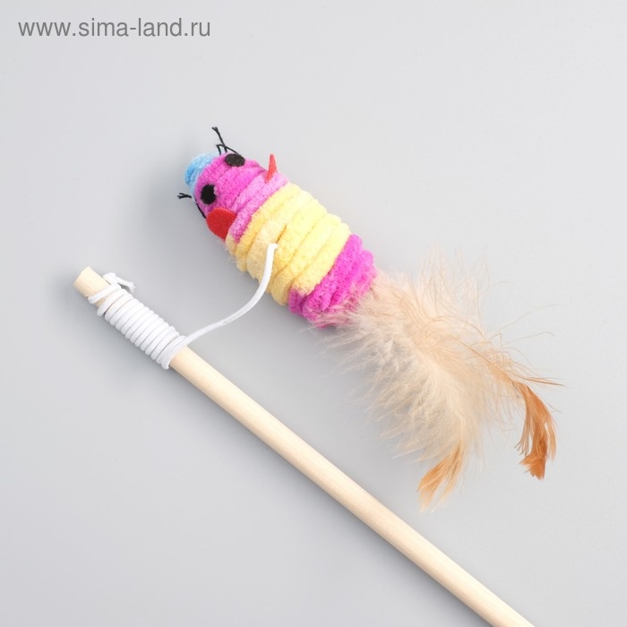 Дразнилка с махровой мышкой (7 см) на деревянной палочке, 40 см, микс цветов