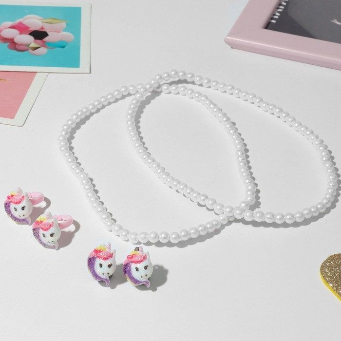 Набор детский 4 предмета: клипсы, бусы, браслет, кольцо &laquo;Единорожка&raquo;, цветной