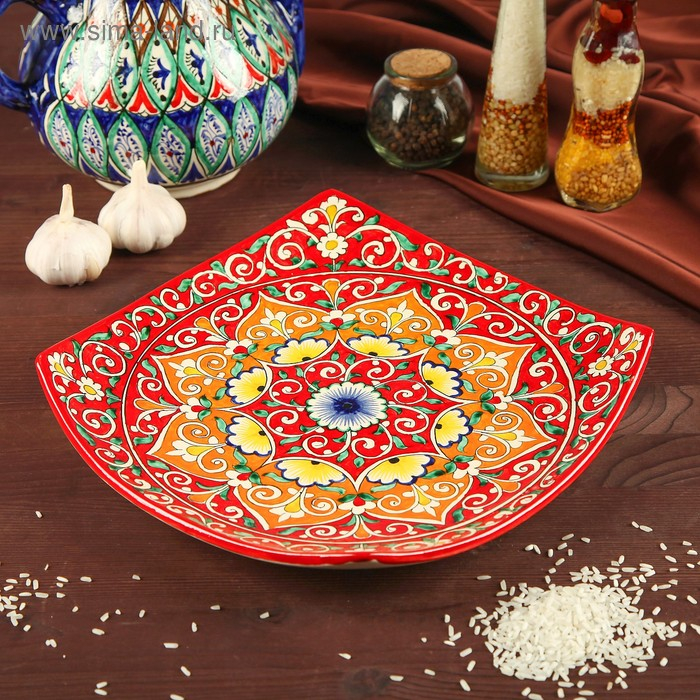 Ляган Риштанская Керамика "Узоры", 31 см, квадратный, красный микс