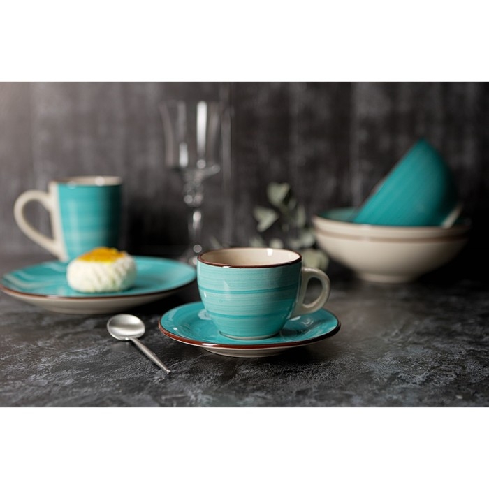Чайная пара керамическая Доляна &laquo;Морской мир&raquo;, 2 предмета: чашка 200 мл, блюдце d=14,5 см, цвет голубой