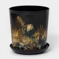 Горшок для цветов с поддоном Доляна &laquo;Голди. Листья&raquo;, 1,6 л, d=14 см, h=15,5 см, пластиковый, цвет чёрный