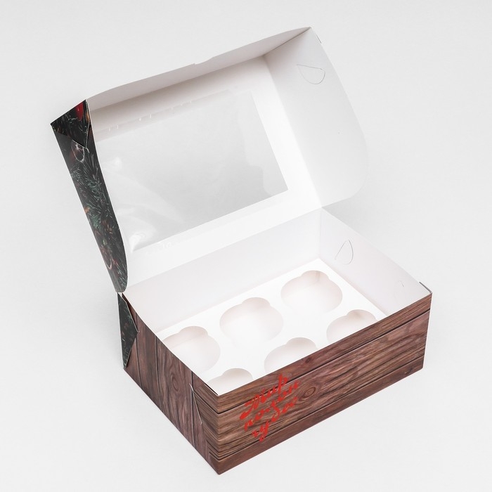 Новый год. Коробка для 6 капкейков с окном "Подарок для тебя", 25 х 17 х 10 см, упаковка