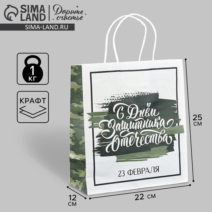 Пакет подарочный крафт &laquo;23 февраля&raquo;, 25 х 22 х 12 см