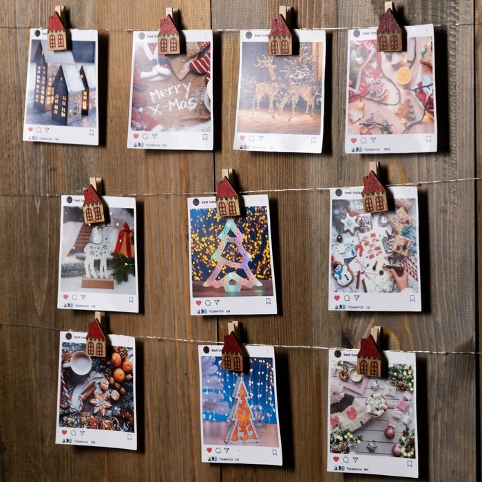 Гирлянда &laquo;Нить&raquo; 2 м роса с насадками &laquo;Прищепки-домики&raquo;, IP20, серебристая нить, 20 LED, батарейки ААх2 (не в комплекте), свечение тёплое белое