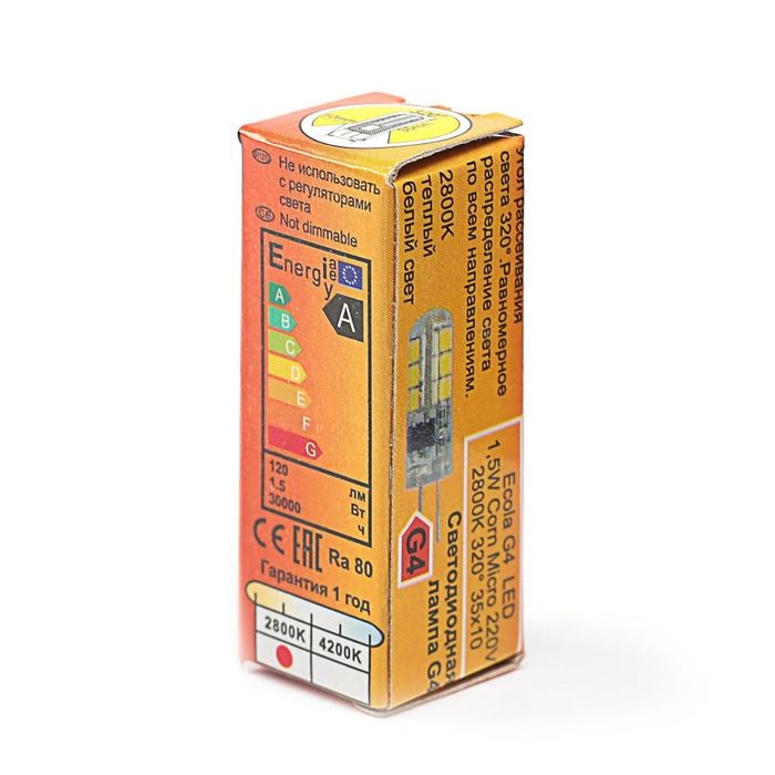 Лампа светодиодная Ecola Corn Micro, G4, 1.5 Вт, 2800 K, 320°, 35х10 мм Лампа светодиодная Ecola Corn Micro, G4, 1.5 Вт, 2800 K, 320°, 35х10 мм