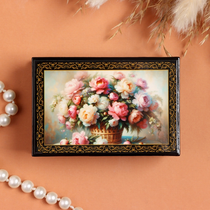 Шкатулка &laquo;Букет пионов в корзине&raquo;, черная, 6&times;9 см, лаковая миниатюра