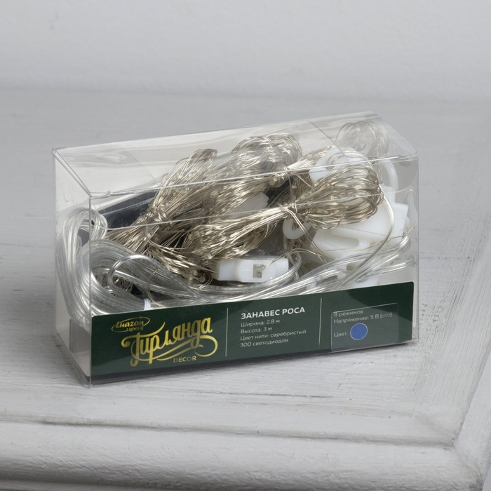 Гирлянда &laquo;Занавес&raquo; 2.8 &times; 3 м роса на крючках, с пультом, IP20, серебристая нить, 300 LED, свечение синее, 8 режимов, USB