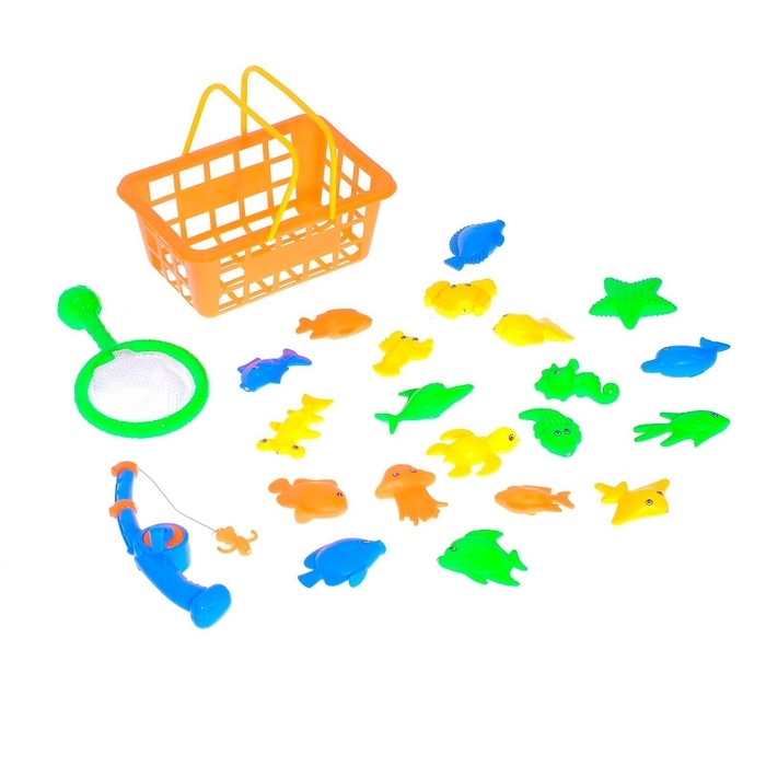 Рыбалка &laquo;Волна приключений&raquo; в корзине: 1 удочка, 1 сачок, 20 рыбок, МИКС