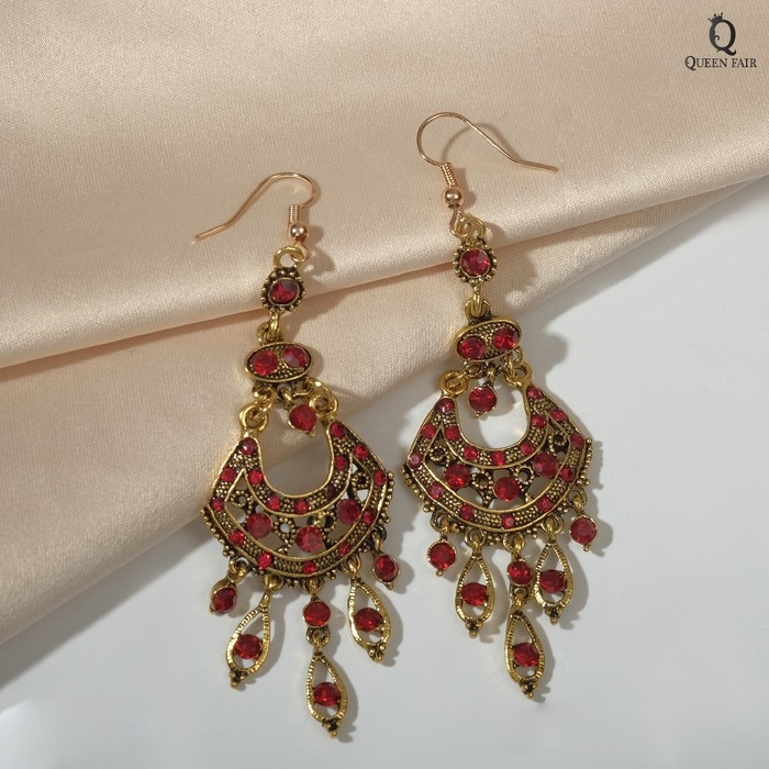 Серьги висячие со стразами &laquo;Восток&raquo; веер, цвет красный в чернёном золоте, 9см