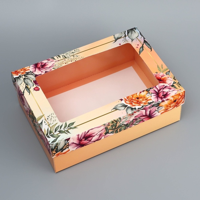 Коробка складная, крышка-дно, Коробка складная, крышка-дно, "Цветочки", 24 х 17 х 8 см с окном