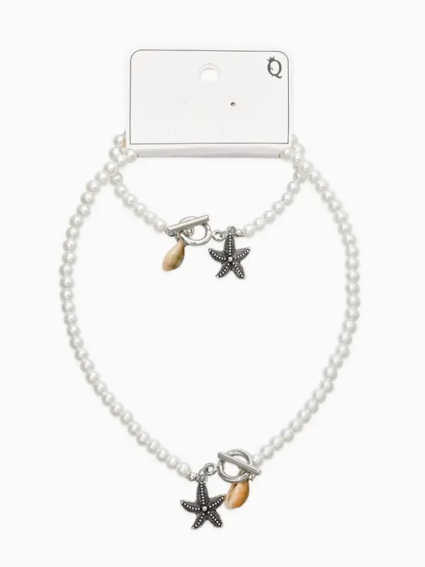 Набор 2 пред-та: бусы.браслет "Жемчуг", звезда, цвет белый в серебре L=18/42см №6