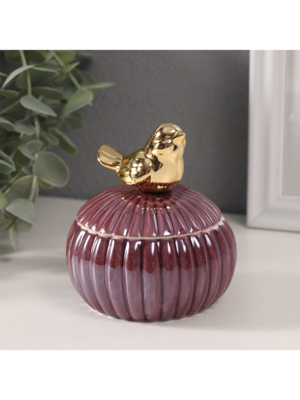 Шкатулка керамика "Пташка на пуфике" баклажановый перламутр 8,2х8,2х10 см