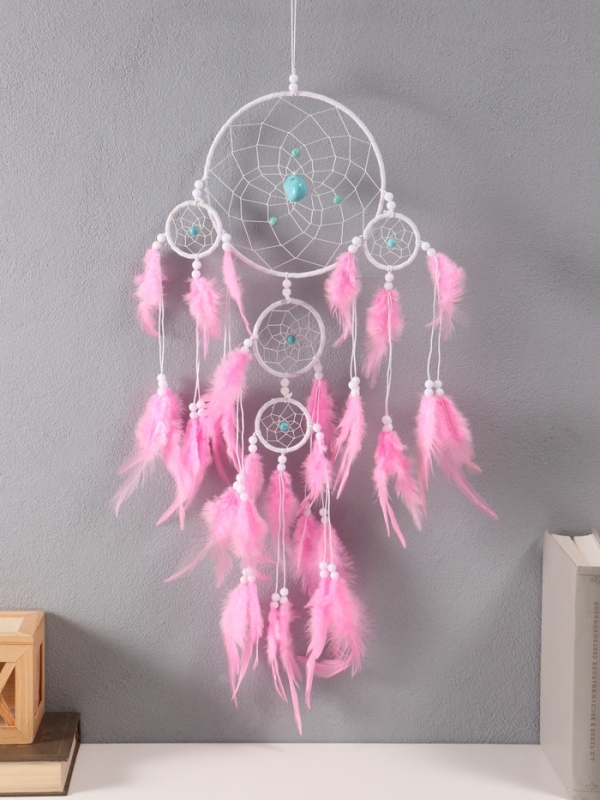 Ловец снов "Оберег с камнем Бирюза" бело-розовый 35х66 см