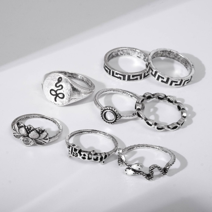Кольцо набор 8 штук «Природа», размер МИКС, цвет чернёное серебро Кольцо набор 8 штук «Природа», размер МИКС, цвет чернёное серебро