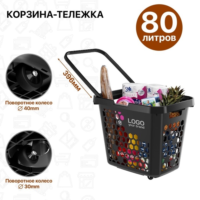 Корзина-тележка пластиковая 80 л, с 1 пластиковой ручкой, цвет чёрный Корзина-тележка пластиковая 80 л, с 1 пластиковой ручкой, цвет чёрный