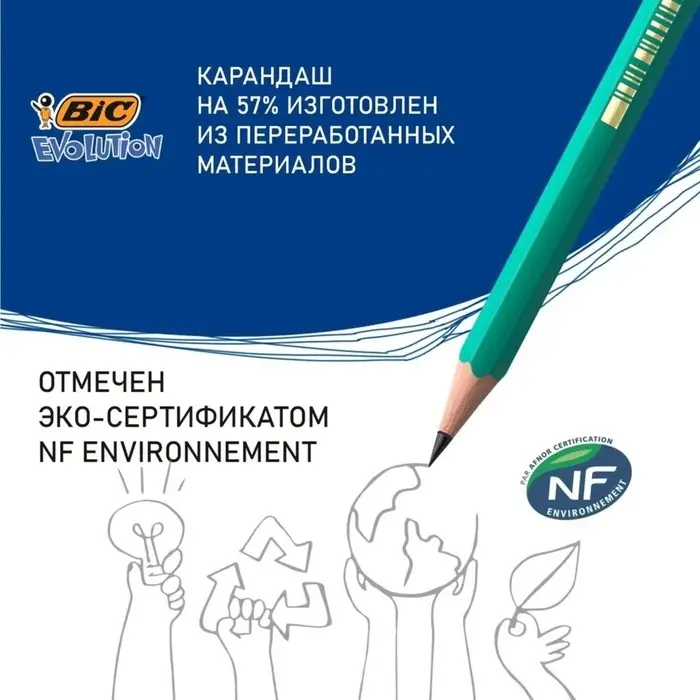 Карандаш чернографитный (простой) НВ, BIC Evolution, заточенный, пластиковый, c ластиком, шестигранный, зелёный корпус